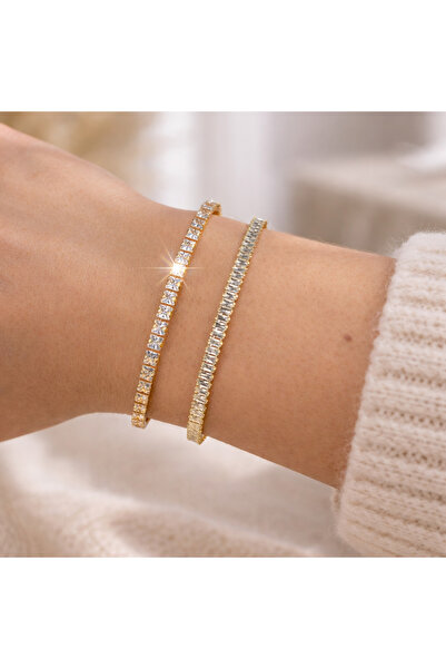 NO BRAND Set of Women's Gold Tennis Bracelets 3mm and 2mm Rectangular Adjusta...