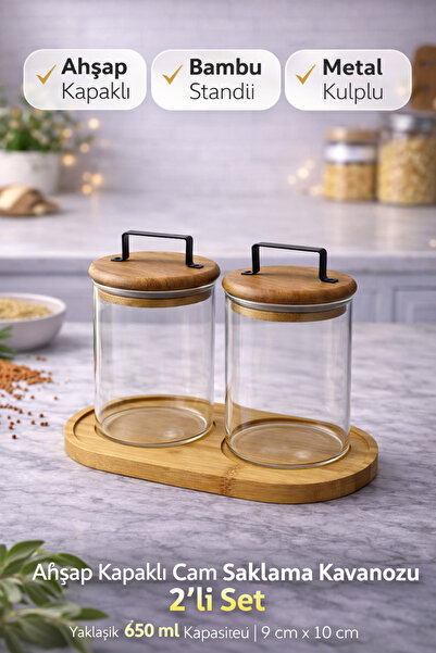 Molansa Living Bambu Standlı Ahşap Kapaklı Cam Kavanoz Seti 2’li – Metal Kulp...