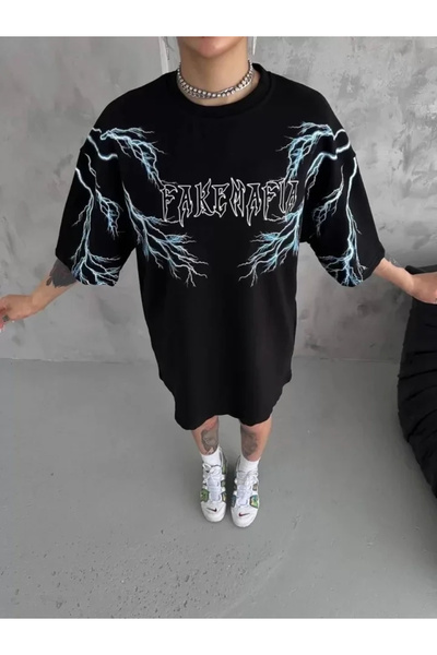 USLUCAN ALIŞVERİŞ Unisex Crew Neck Printed Oversize T-Shirt - Black