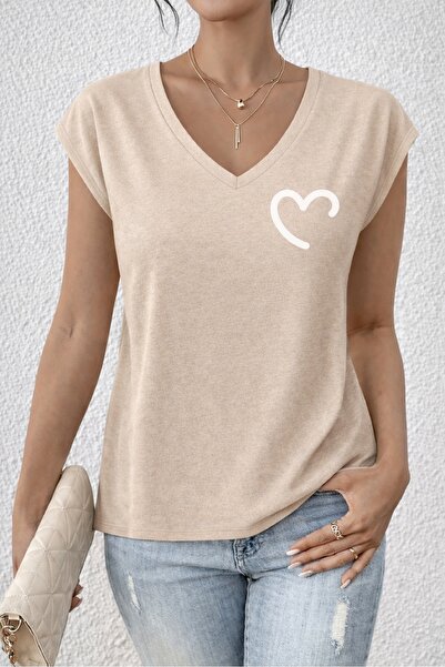 mercoledi Women's Mix Printed Sleeveless V-Neck Relaxed Fit T-Shirt