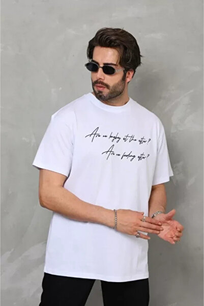 USLUCAN ALIŞVERİŞ Unisex Crew Neck Printed Oversize T-Shirt - White