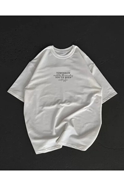 USLUCAN ALIŞVERİŞ Unisex Crew Neck Printed Oversize T-Shirt - White