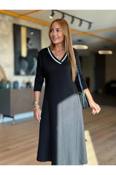 USLUCAN ALIŞVERİŞ Women's Long Sleeve V-Neck Midi Length Green Modal Dress
