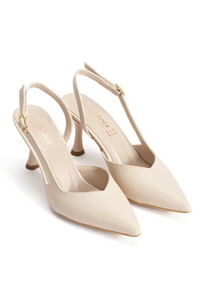 KARABAGSHOES Women's Pointed Toe Open Back Thin Heeled Stiletto Beige
