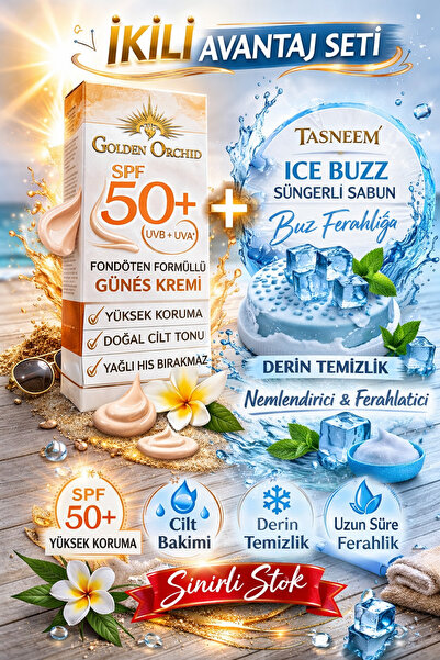 Golden Orchid SPF 50+ Fondöten Etkili Güneş Kremi + süngerli sabun Bakım Seti