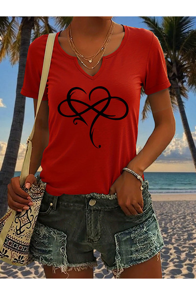 mercoledi Half V-Neck Floral Heart Printed Full-Fit Regular Fit T-Shirt