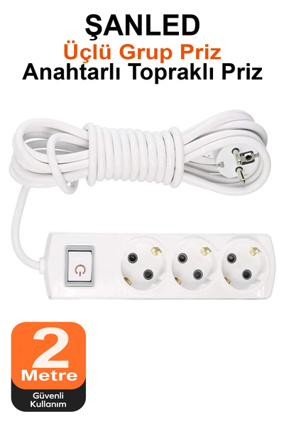 ŞANLED Grup Priz Topraklı 3'lü Çoklu Anahtarlı Priz Seyyar Ara Uzatma Kablosu...