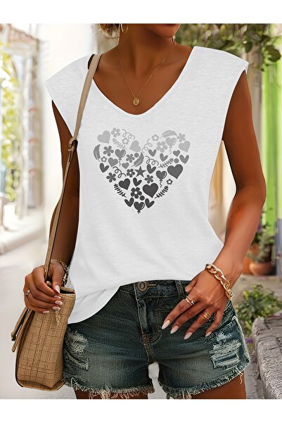 mercoledi Mix Printed Women's Sleeveless V-Neck Relaxed Fit T-Shirt