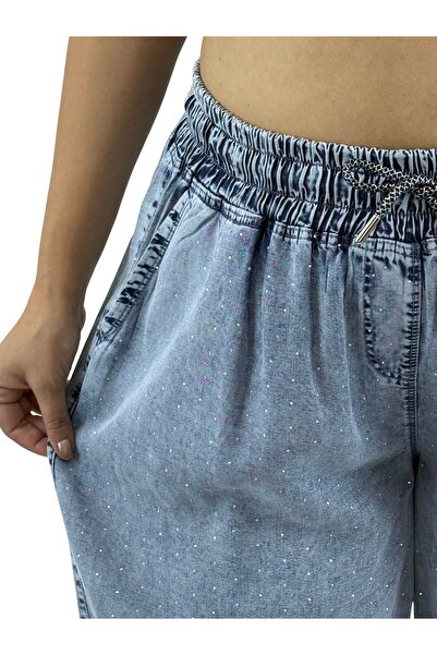 Gizella Butik Plus Size Tencel Elastic High Waist Stoned Lace-Up Wide Leg Wom...