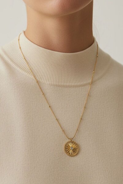 BHR AKSESUAR Gold Zircon Stone Sun Pendant (45 cm)