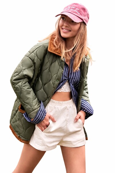 SERBA Women's Khaki Quilted Velvet Detailed Oversized Coat