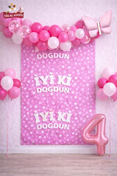 BKMC PARTY Retro Butterfly Pink Age Balloon Happy Birthday Printed Backdrop B...