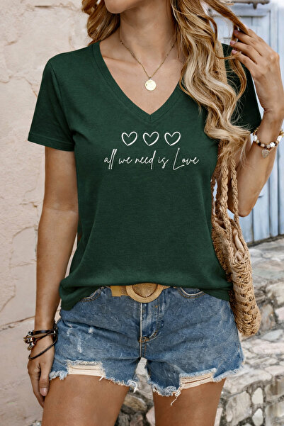 mercoledi Women's Love Printed Relaxed Cut Sleeves V-Neck T-Shirt Full Fit