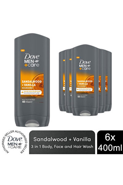 Dove Men+Care 3 in 1 Body, Face & Hair Wash Sandalwood + Vanilla 400ml, 6 Pack