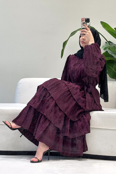 Ovn. Acelia Kat Kat Volanlı Elbise - Mürdüm