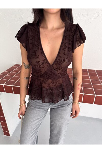 02Lady Fashion Floral Patterned Ruffled Flocked Printed Sleeveless Tulle Blouse