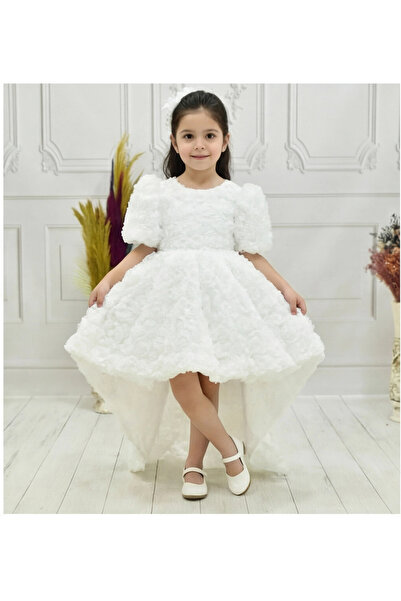 ELLUSSİ Kız Çocuk Beyaz Arkası V Yaka Gül Desenli Kısa Balon Kol Elbise Abiye