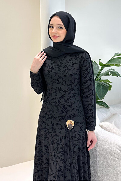 Ovn. Lunera Flok Tül Broşlu Elbise - Siyah