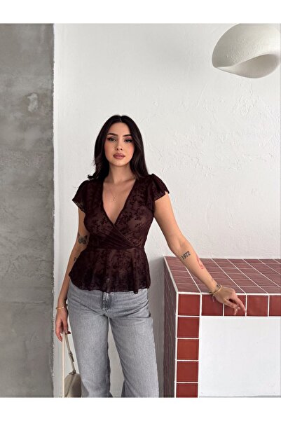 sportiness Ruffled Floral Pattern Flocked Printed Sleeveless Tulle Blouse