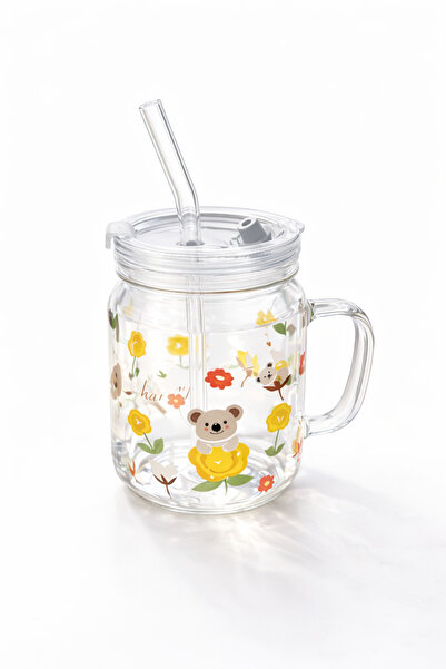 Two Two Floral Thermos Cup with Lid and Glass Straw 400ml – Heat-Protective C...