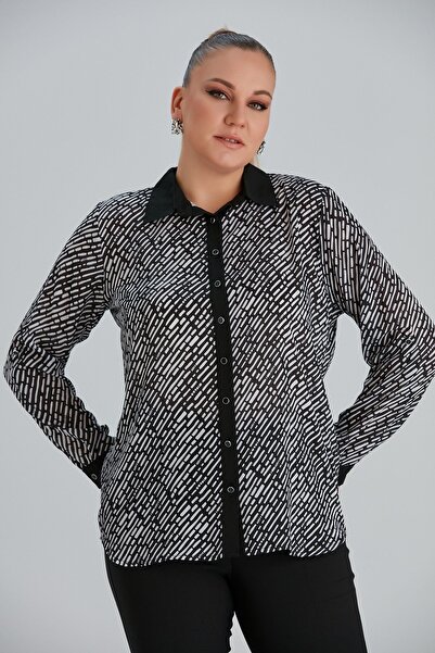 RMG Kol Detaylı Desenli Büyük Beden Siyah Gömlek