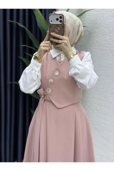 FIRSTESLEM Düğmeli ve Bağlamalı Yelek ve Etekli Kadın ikili Takım