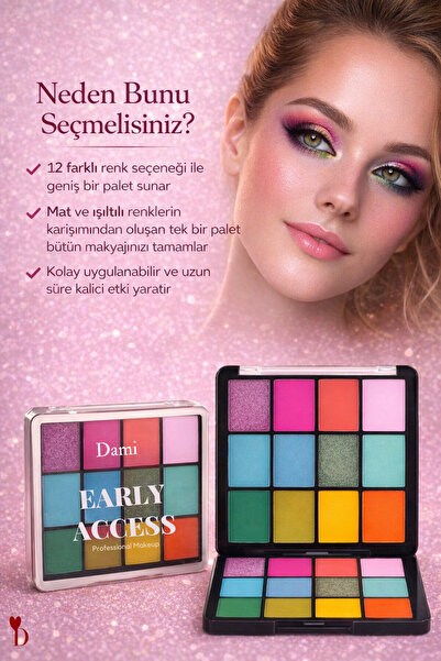 Dami Beauty 12'li Renkli Far Paleti - Canlı ve Neon Tonlar (Mat ve Işıltılı)