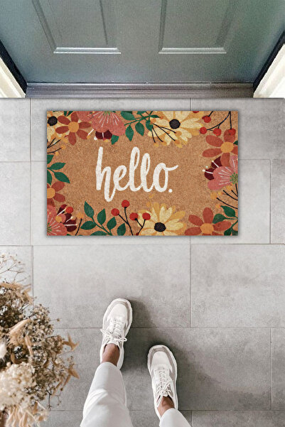 Dormot Dekoratif Dijital Paspas Kişiye Özel Tasarım Hello Çiçek Kenarlı Varya...