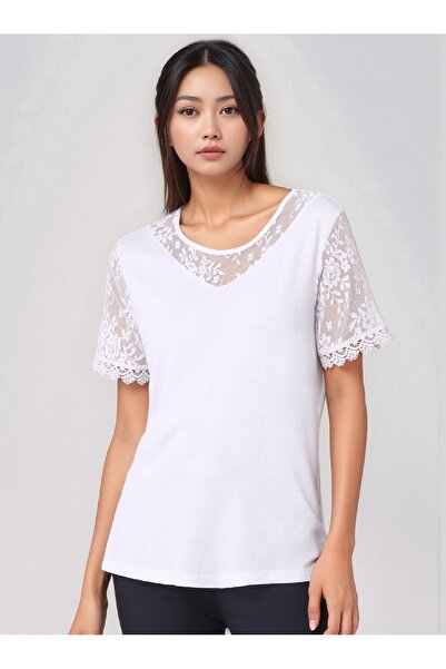 MAMAYAGA Women's Crew Neck Half Lace Sleeve and Collar Detail Viscose Plus Si...