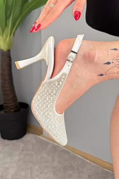 Difolia Women's Olga White Stone Embroidered Open Back Evening Dress Shoes