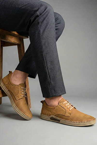 Ekonomik Ayakkabı Men's Tan Perforated Lace-Up Casual Shoes – Breathable, Fle...