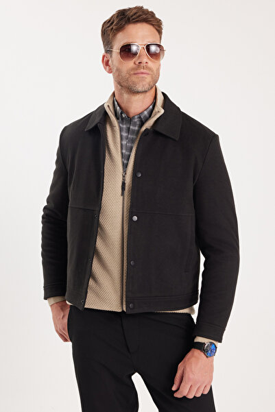 Tudors Men's Slim Fit Double Pocket Snap Closure Black Coat