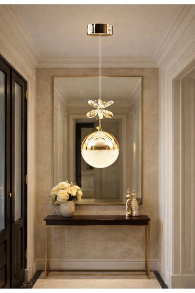 Buiva Luxury Tekli Sarkıt Avize Power Led Gün Işığı Parlak Gold Sarı Kaplama Kelebek Detaylı