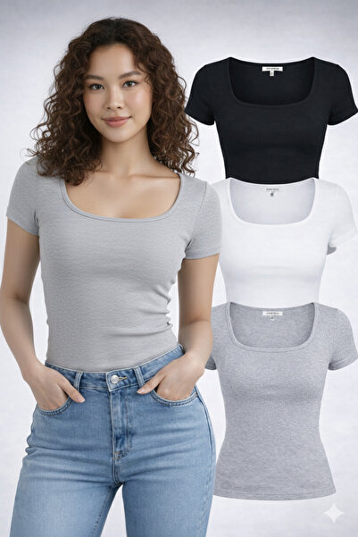 NERTH STYLE Set of 3 U-Neck Short Sleeve Ribbed Cotton Blouse T-Shirts