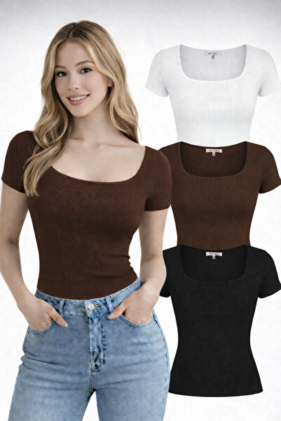 NERTH STYLE Set of 3 U-Neck Short Sleeve Ribbed Cotton Blouse T-Shirts