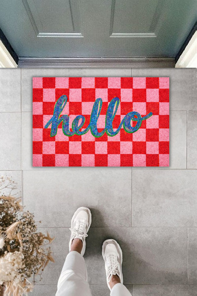 Dormot Dekoratif Dijital Paspas Kişiye Özel Tasarım Hello Kareli Varyasyon Ka...