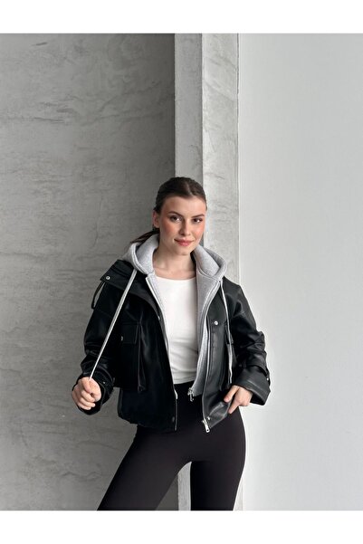 Ekim Store Jachetă din piele gri cu glugă și fermoar