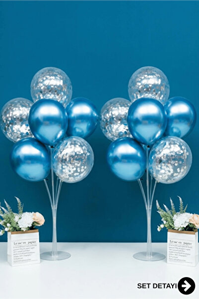Bunloon Krom Mavi Konfetili Çift Standlı Balon Seti 17 Parça
