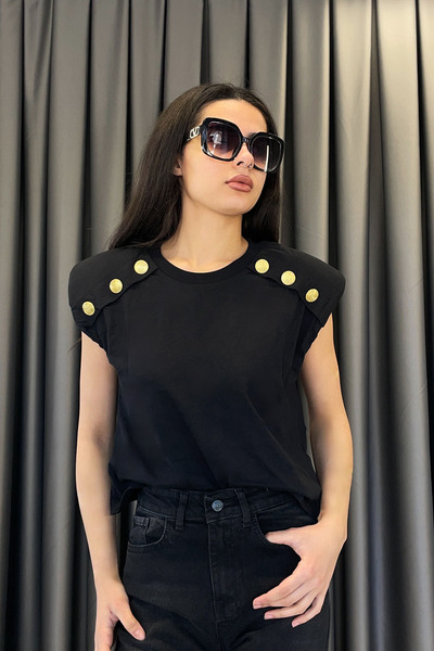 Qu Style Shoulder Padded Button Detail T-Shirt - Black Black