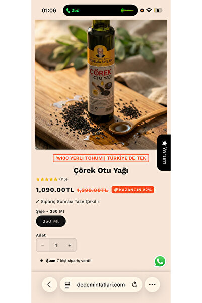 Hacı İbrahim Şahin Dedemin Tatları 1858 %100 Yerli Çörek Otu Yağı