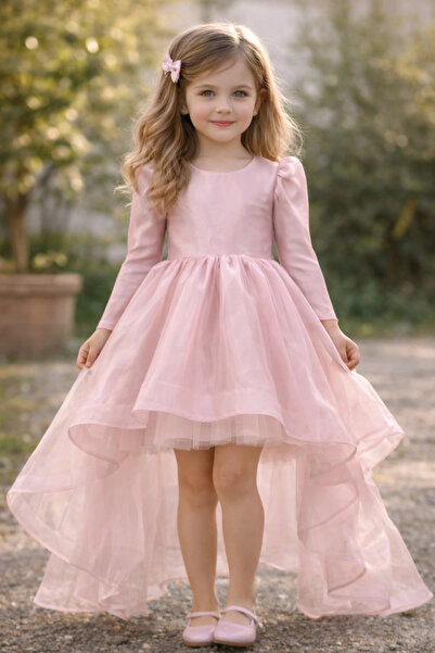 ELLUSSİ Kız Çocuk Pudra Organze Tüllü Kuyruklu Kabarık Elbise Abiye