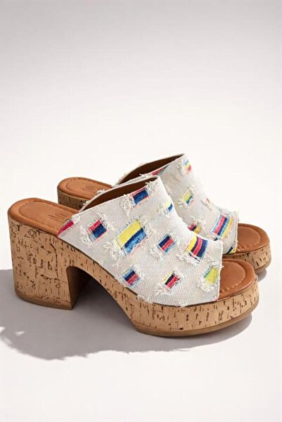 Difolia Women's Silva White Denim Cork Sole Orthopedic Platform Heel Slippers