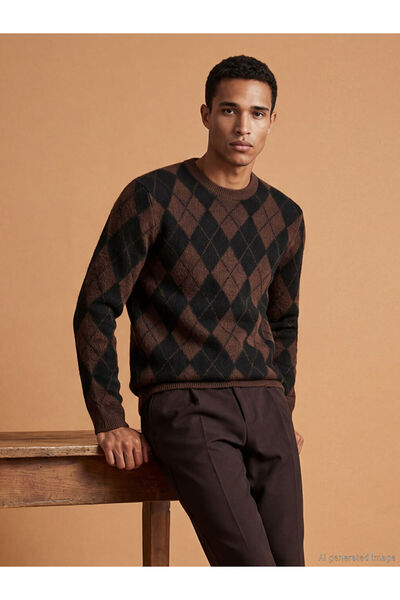 LC Waikiki Brown bicycle collar baklava patterned men's knit sweater