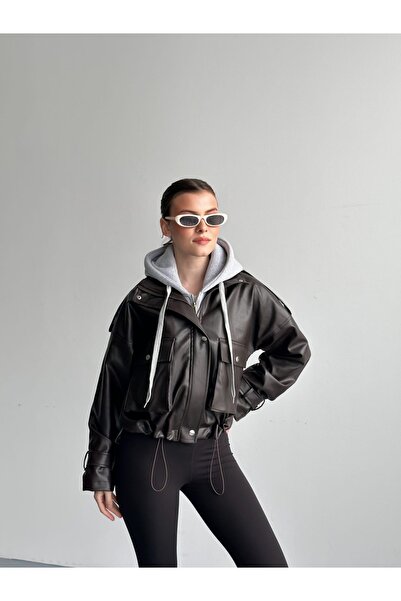 Ekim Store Brown Gray Hooded Leather Jacket