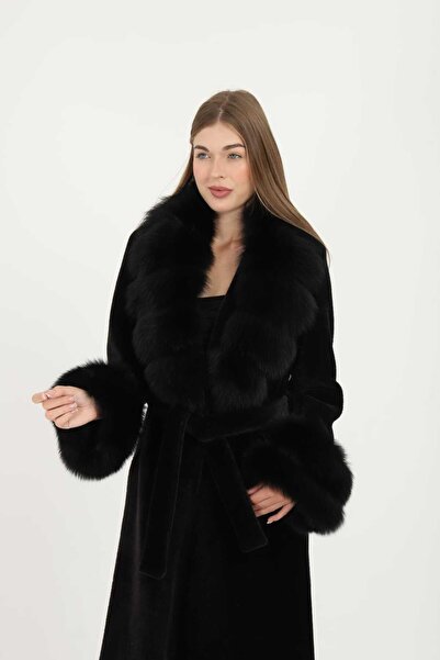 ESİN GİYİM Luxury Serisi Alcantara Kürk Yaka ve Manşet Detaylı Kuşaklı Kaban