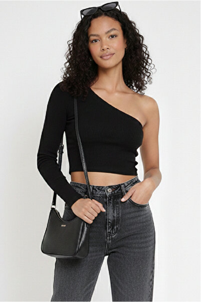 MİO ESTİLO Women's One-Shoulder Ribbed Crop Blouse