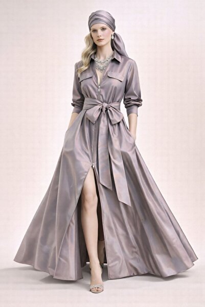 ALYEL NAKER Maxi Stylish Taffeta Shirt Dress with Front Zipper Detail & Pockets