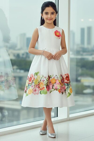 Alesaei-mondo tondo (Girls' white dress with colorful floral prints, elegant ...
