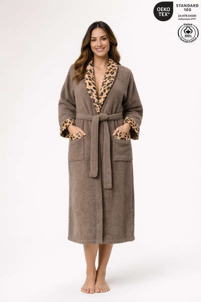 Ellaline Leopard Patterned Women's Bathrobe 100% Cotton Certified 1 Piece Sha...