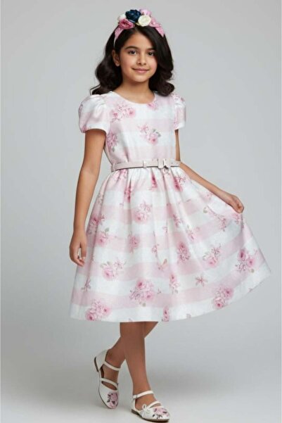 Alesaei-mondo tondo (Girls' pink Striped floral dress with Belt 7325)
